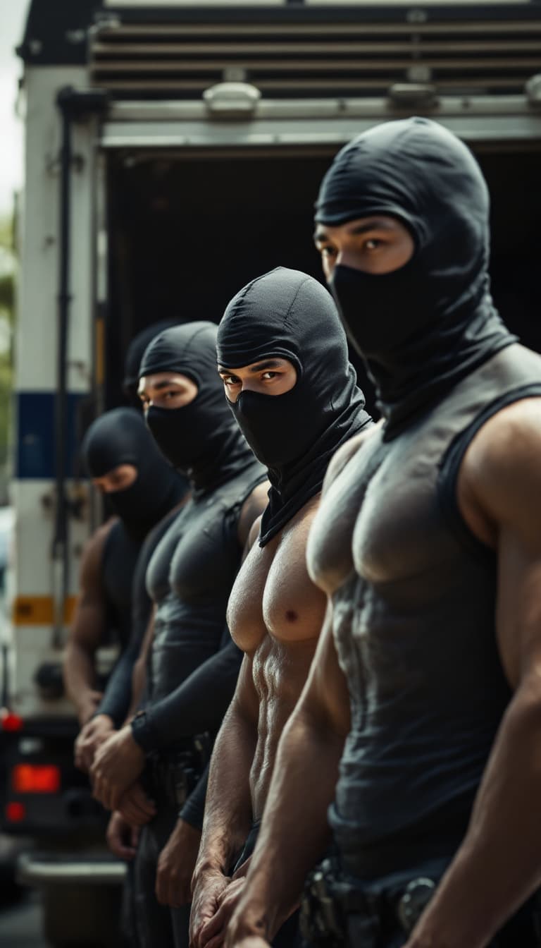 AI generated: Five athletic muscular male Asian Chinese Olympic swimmers are wearing compression jammers are under...