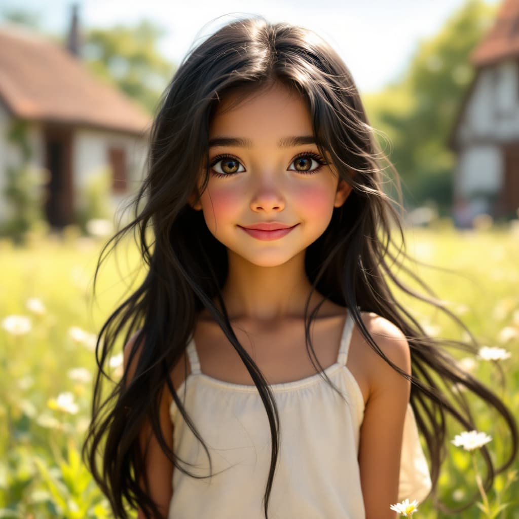 AI generated: A young girl with long, flowing black hair and fair, glowing skin, exuding an innocent yet captivati...