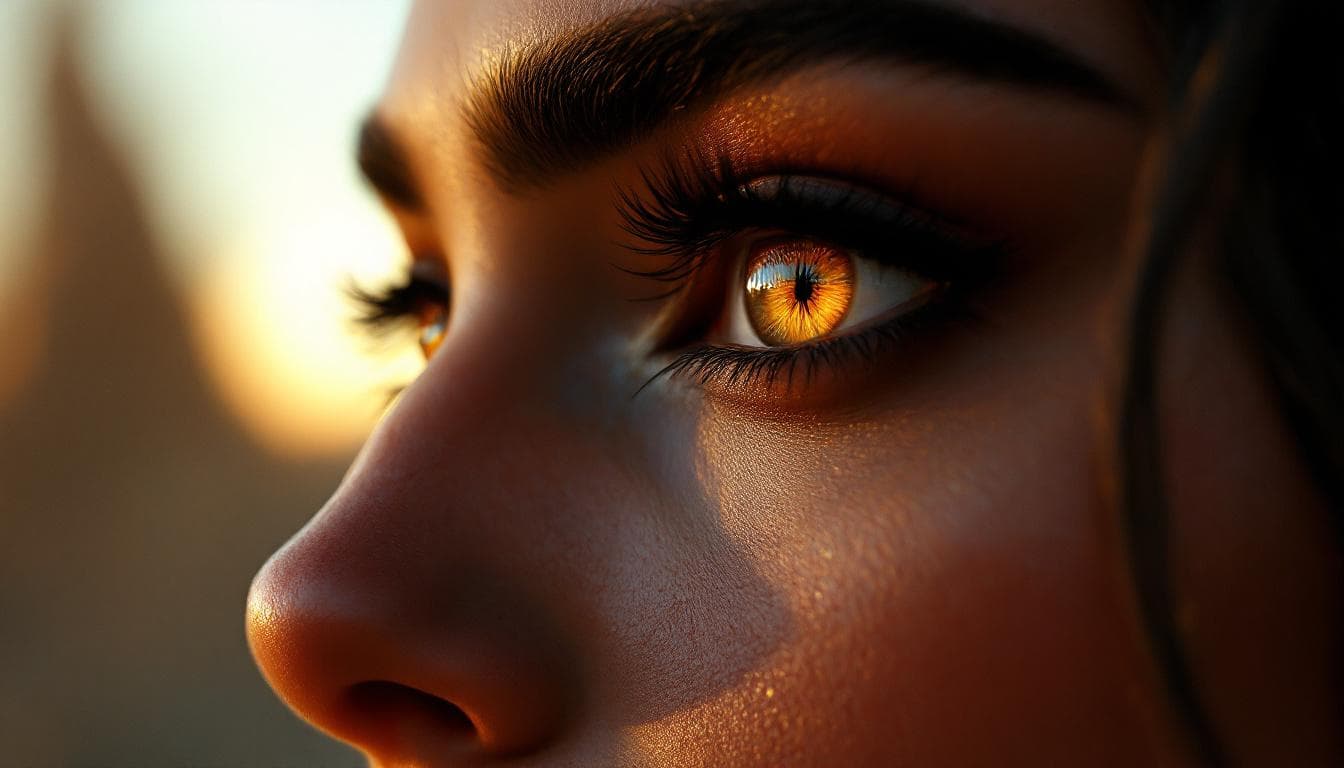 AI generated: hyper realistic . Close-up of Parushat’s eyes, the reflection of the sunset glowing in her pupils. [...