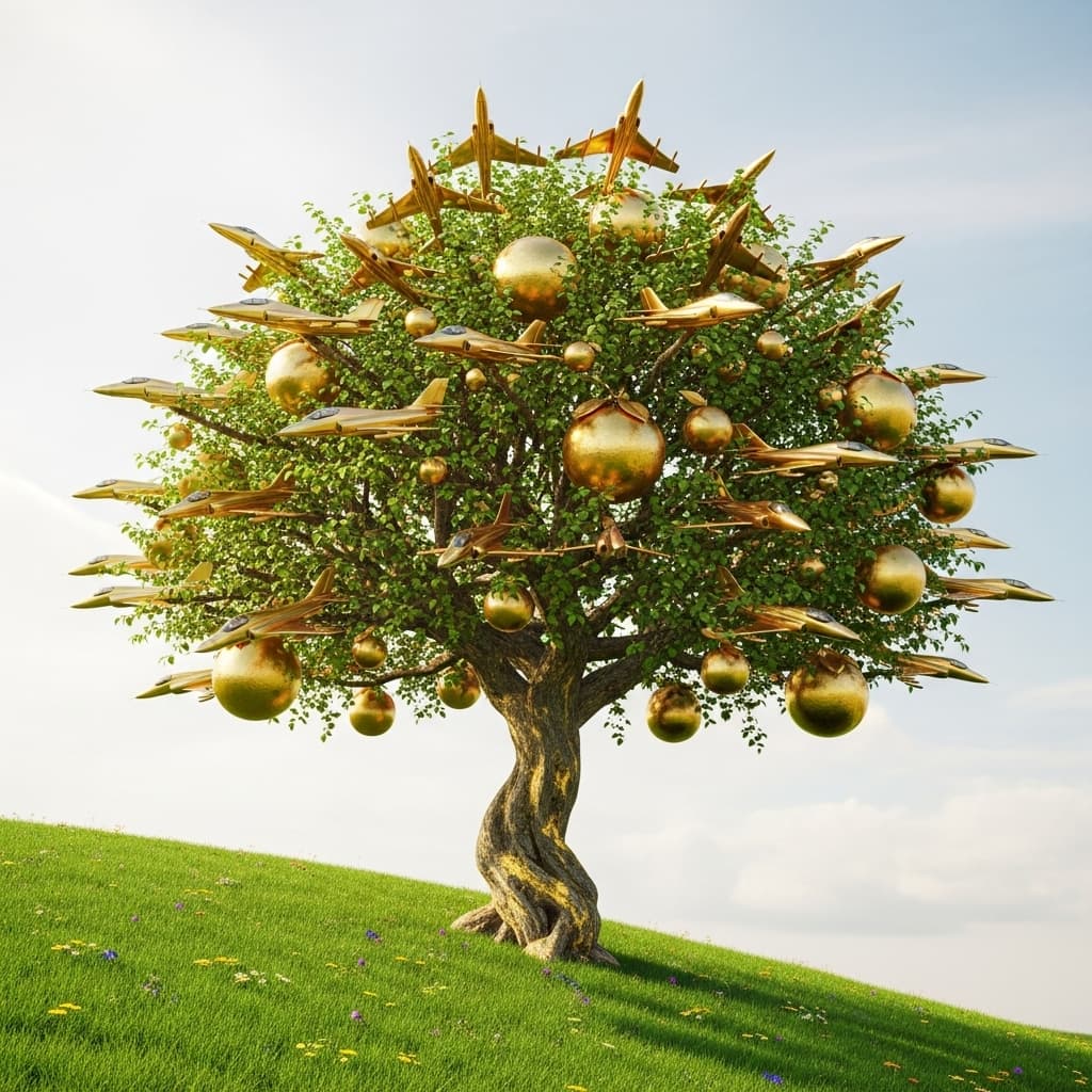AI generated: A tree of golden jets and golden fruits on a green hill