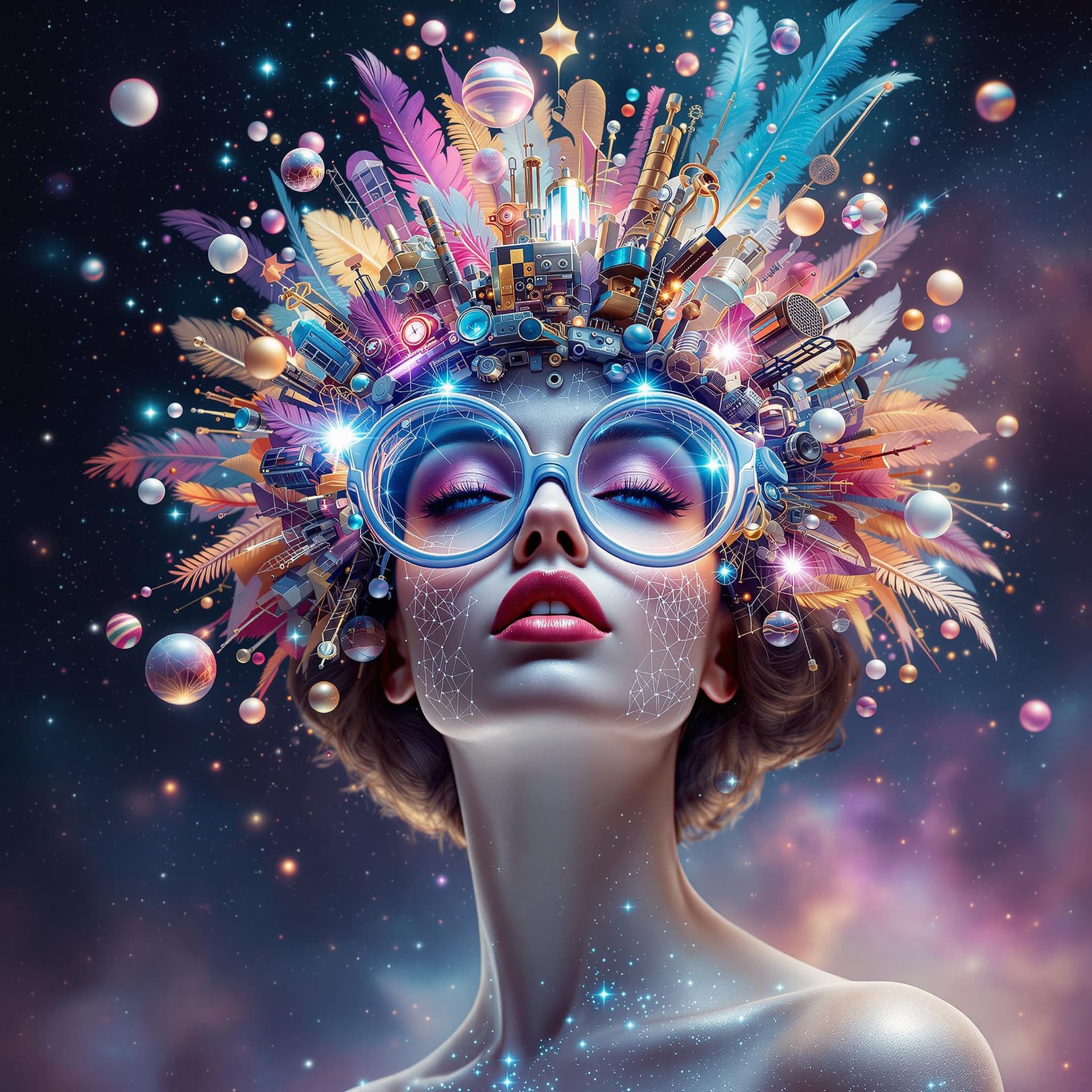 AI generated: An extreme avant-garde and surreal portrait of a modern, stunning woman with oversized, futuristic g...