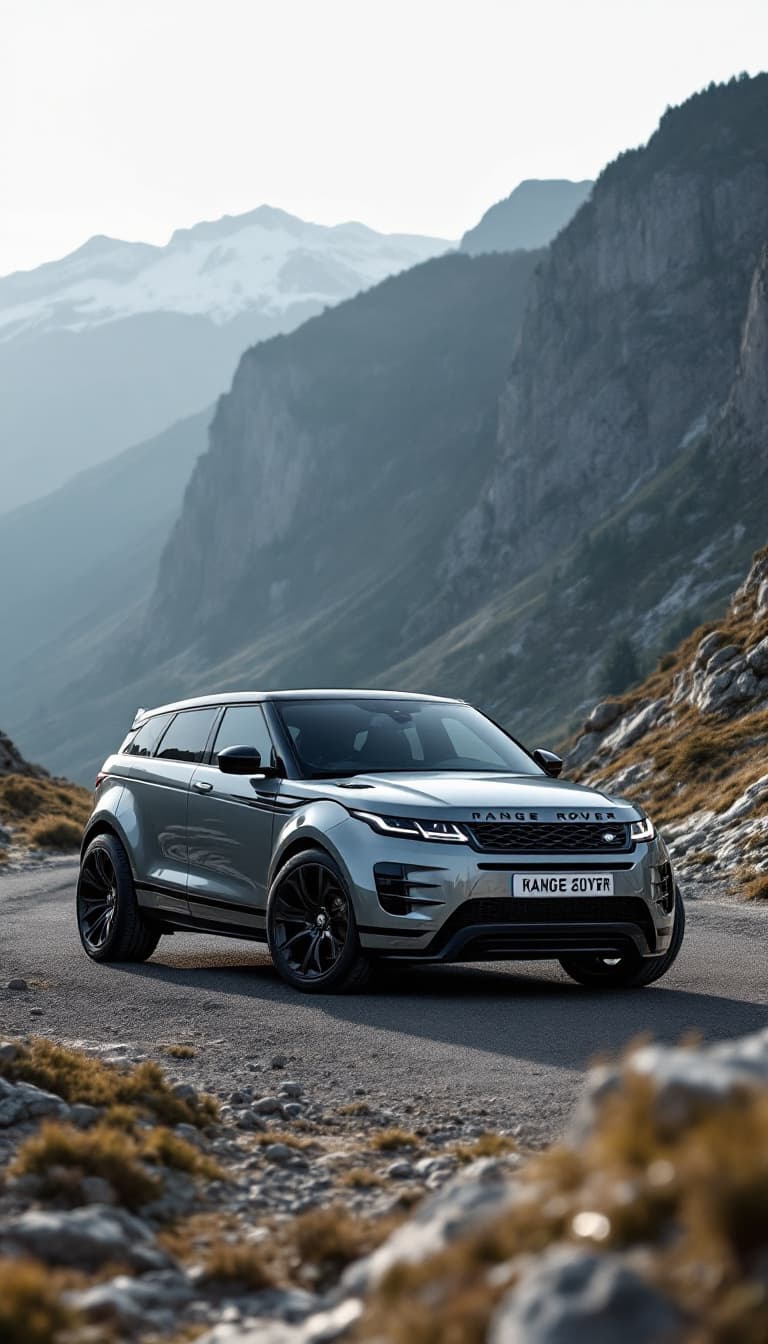AI generated: modifiye tarzında en son model gri tek kapı Range Rover evoque marka genel taslağı, parlayan farlar,...