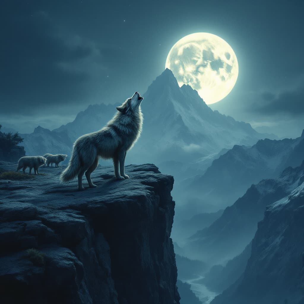 AI generated: generate a picture of an alpha wolf howling at the edge of a cliff with its pack a few meters behind...