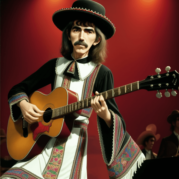 AI generated: george harrison en mexico con guitarra en  mano, vestido de charro cantando let it be