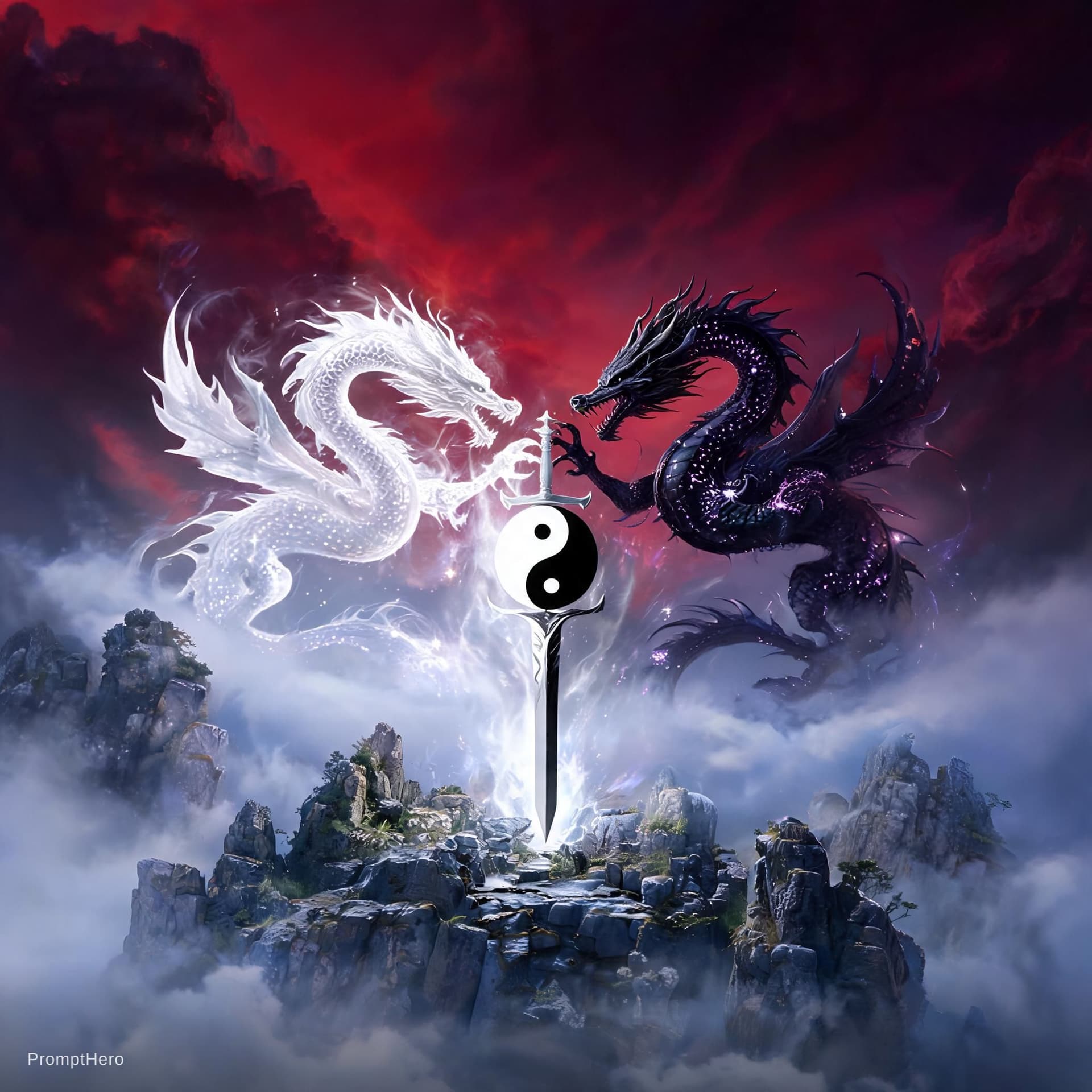 AI generated: CREAME UNA IMAGEN DE FORMA MISTICA DONDE ENCUENTRE UNA ESPADA DE AURA SAGRADA YING YANG QUE ME REFLE...