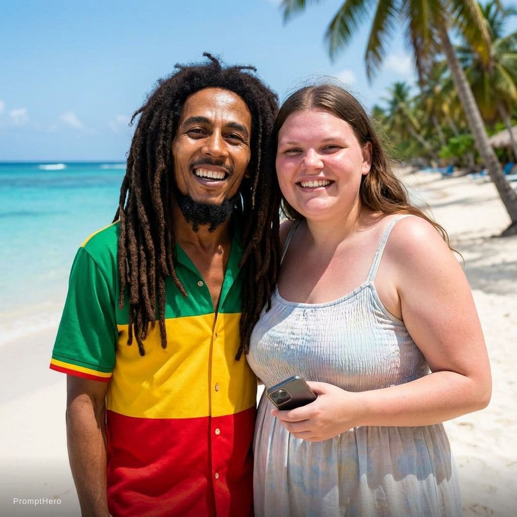 AI generated: with bob marley at a tropical beach, sunny day, both smiling