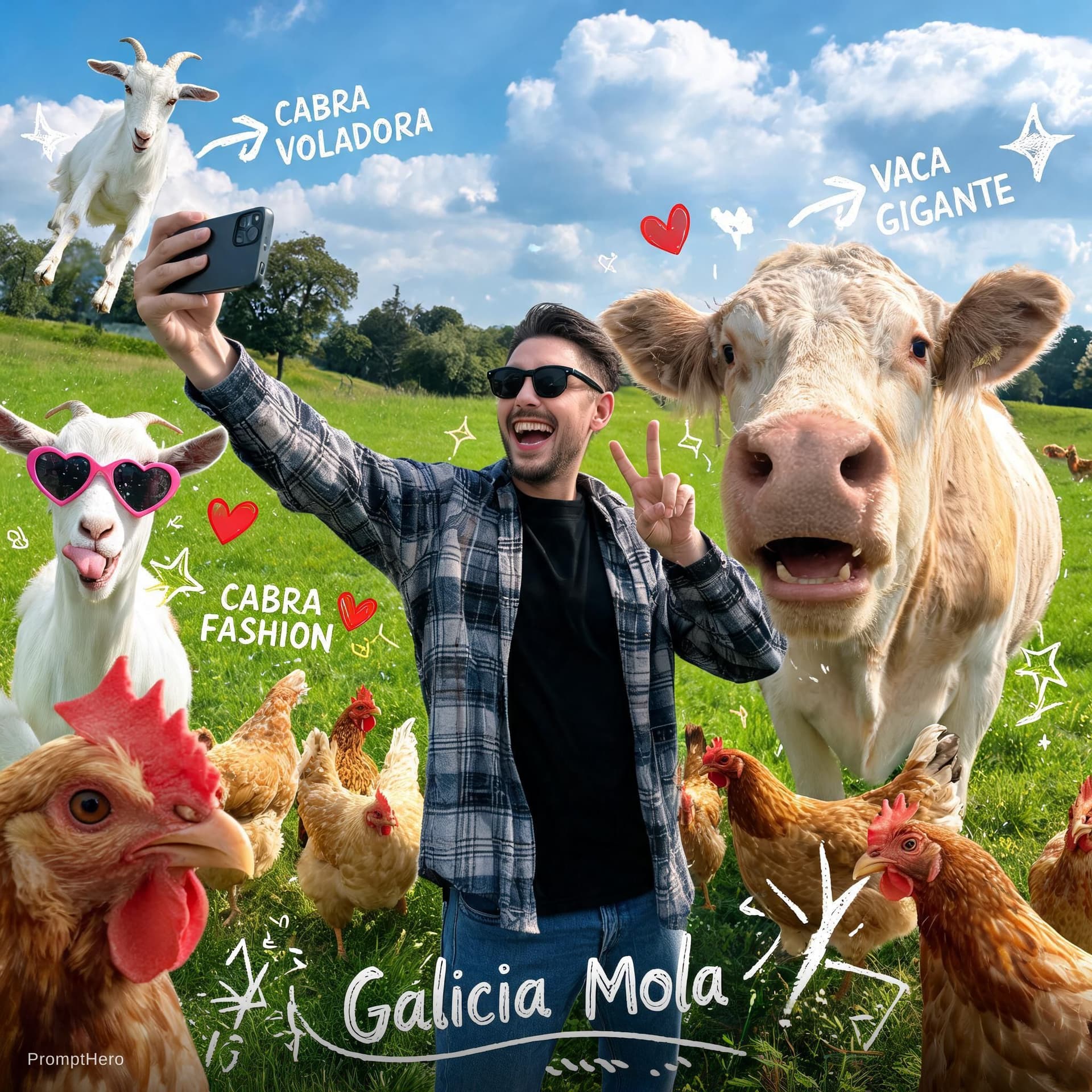 AI generated: Selfie caótica ultrarrealista en un prado gallego, el personaje se toma una selfie de gran angular c...