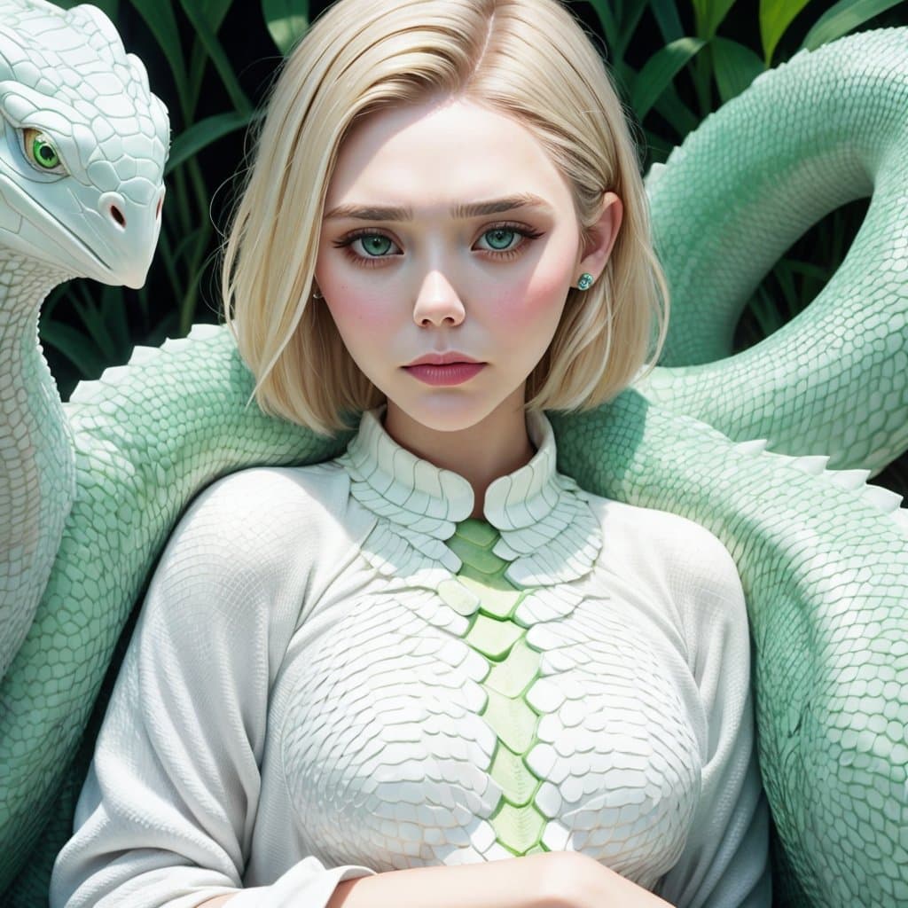 AI generated: close up portrait of elizabeth olsen sits seductively as white snake, forked tongue, green snake eye...