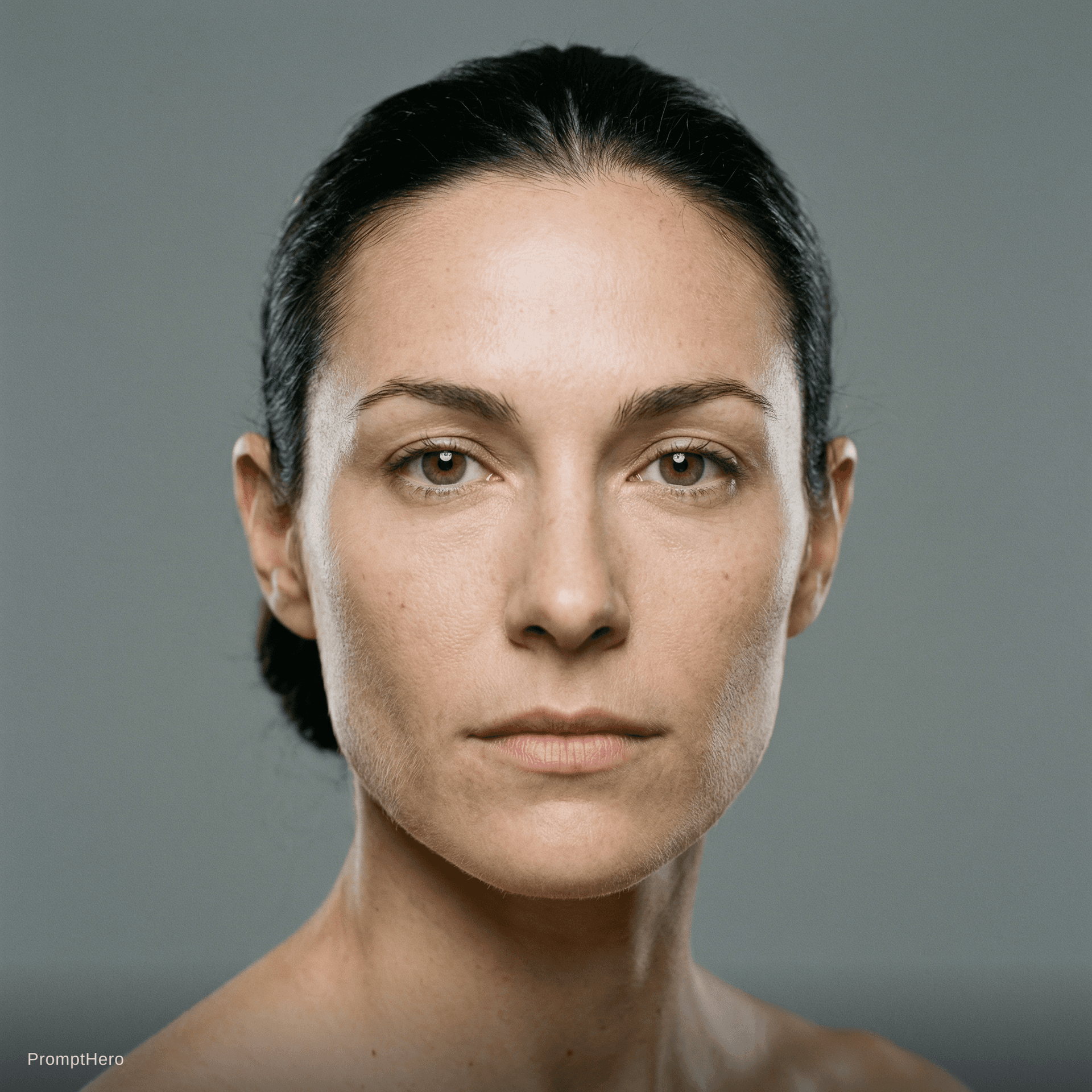 AI generated: hyper-realistic identity anchor portrait of a female action-movie lead (late 20s–early 30s), athleti...
