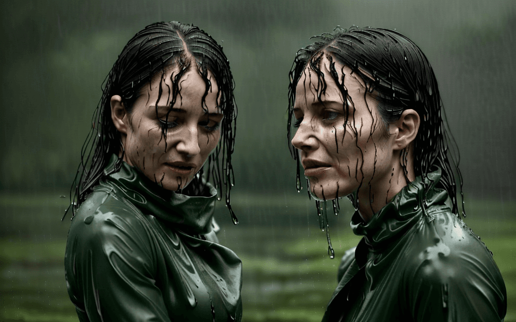 AI generated: ((dark)) view from the right side profil of the  green monochrome portrait of  a very very wet sophi...