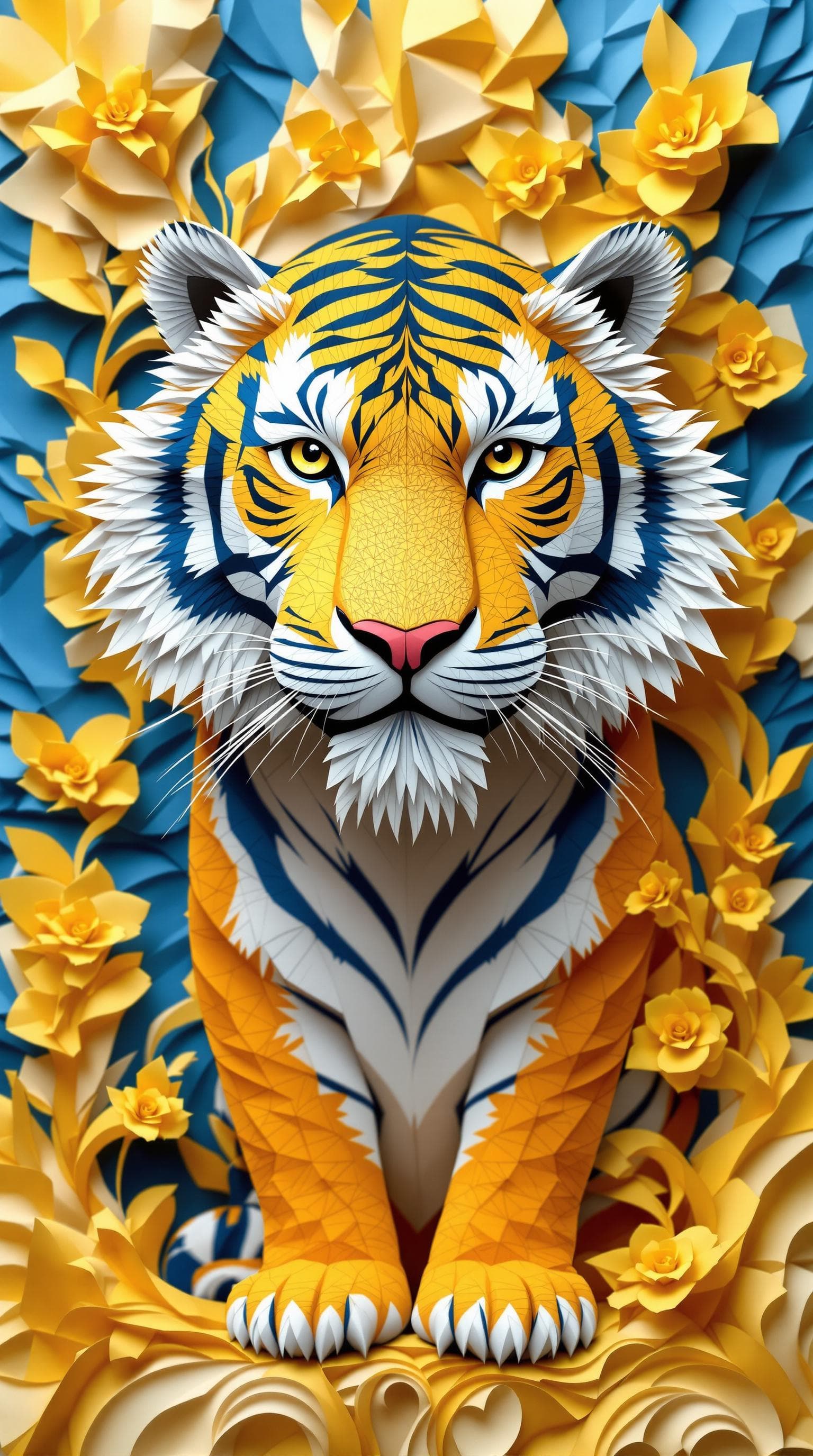 AI generated: 3d rendering, front view, beautiful tiger, paper work for a tactile style, select a colour palette w...