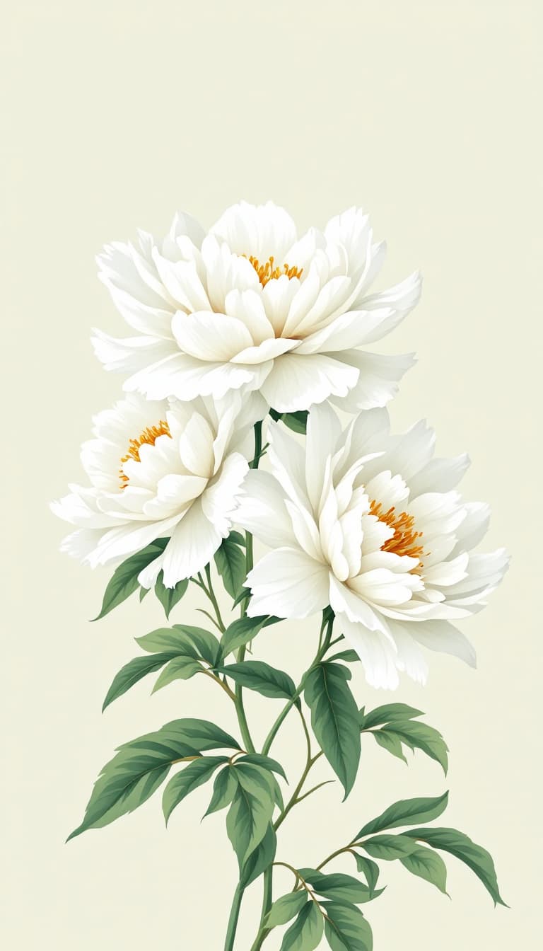 AI generated: Delicate white peonies, soft pale green background, green leaves, elegant floral illustration, seren...