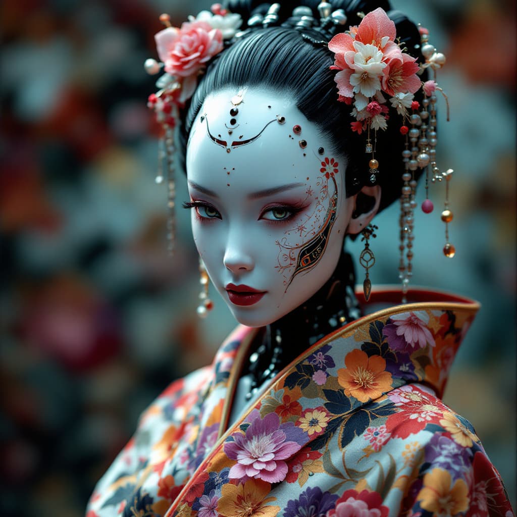 AI generated: A cyberpunk humanoid robot geisha, adorned in a vibrant and intricately detailed floral kimono, exud...