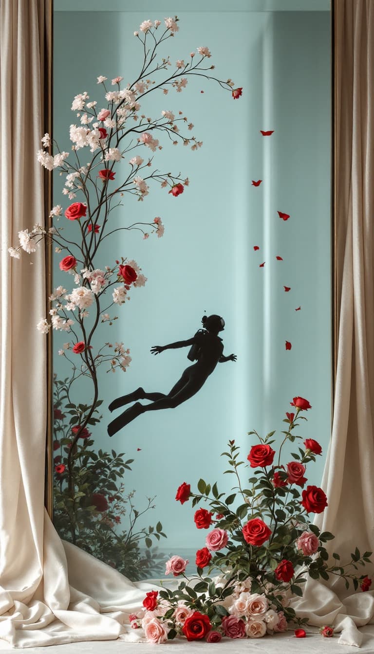 AI generated: floral arrangement full floating in an aquarium with diver inside a massive, wall to wall aquarium.....
