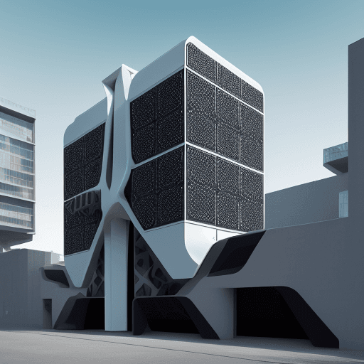AI generated: 
futuristic architecture /  /style with ultra bush environnement / facade with vasarely graphic type...