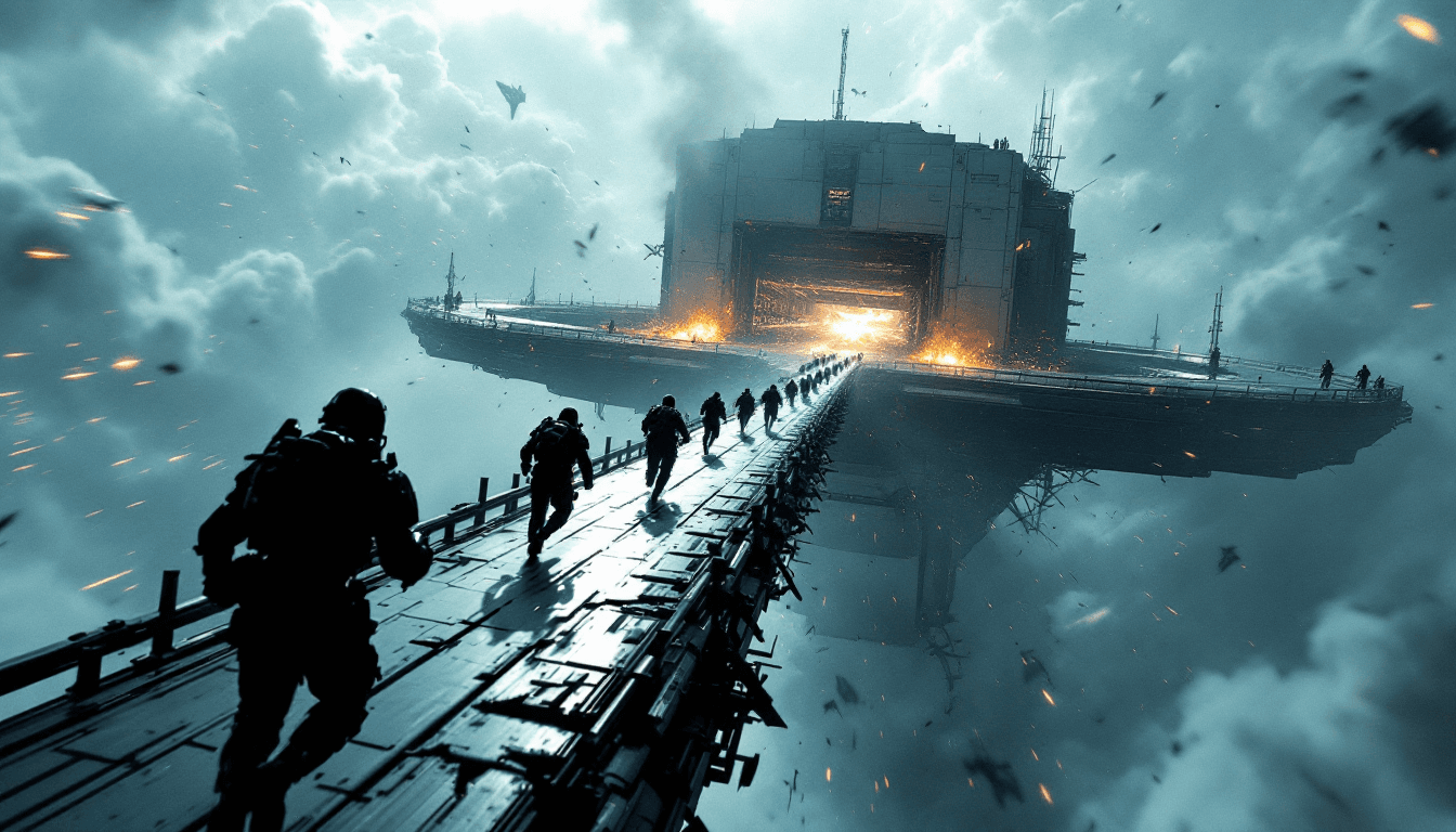 AI generated: A narrow, cracked catwalk stretches toward a distant space hangar, suspended over the nothingness of...