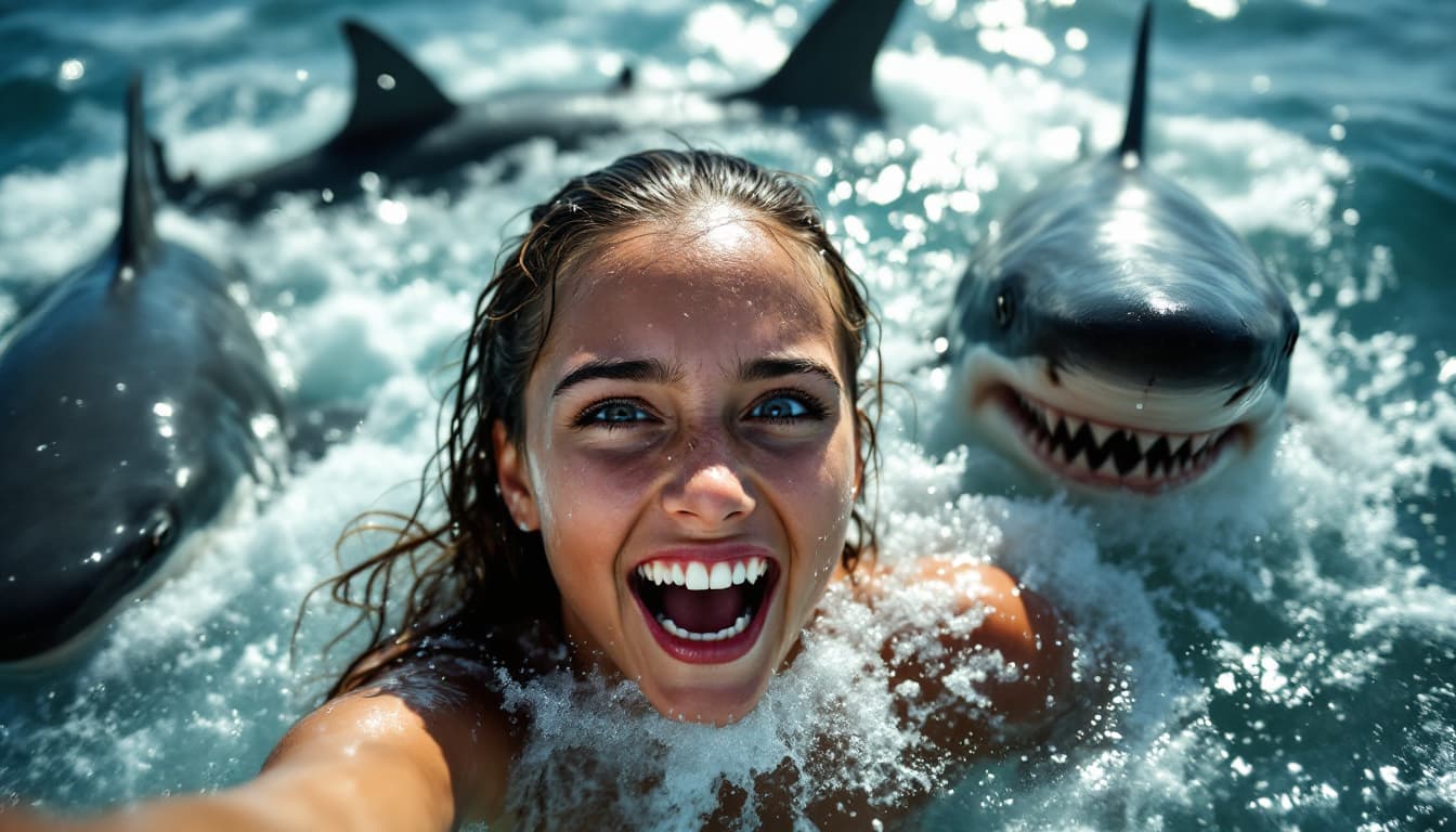 AI generated: The girl takes a selfie, her face expresses a mixture of delight and fear, her eyes are wide open. S...