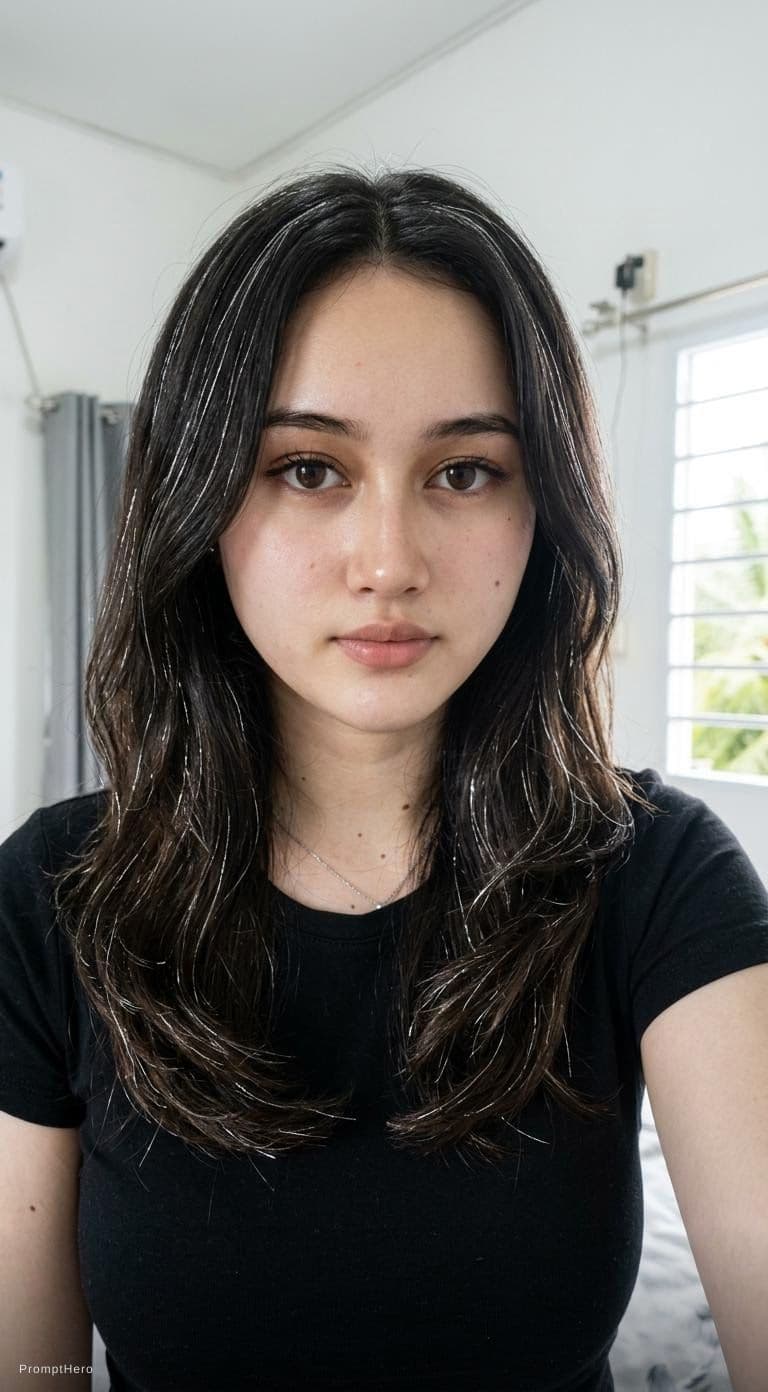 AI generated: woman in a black tshirt, in the style of sterling silver highlights, samyang af 14mm f/2.8 rf, reali...