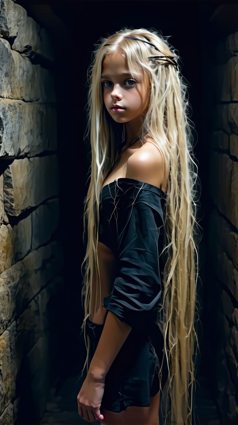 AI generated: A beautiful  trashy looking tween goddess girl long blonde hair, trapped in a dungeon,  full image v...