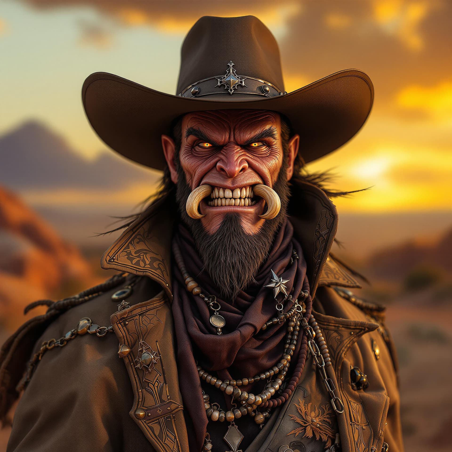 AI generated: High resolution photo portrait, handsome orc gunslinger, wearing duster trenchcoat! smile, tusks, 8k...