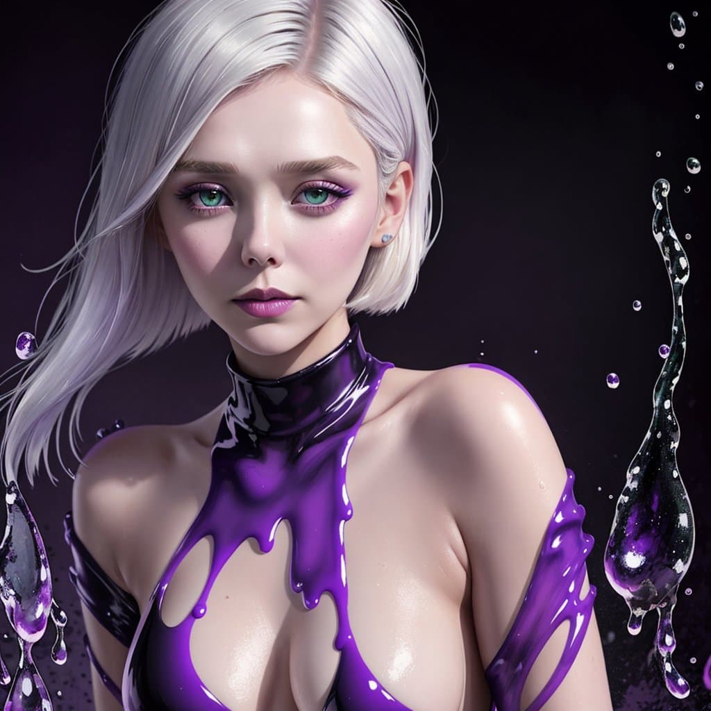 AI generated: close up portrait of elizabeth olsen, from behind, tilted forward, wet platinum blonde short haircut...