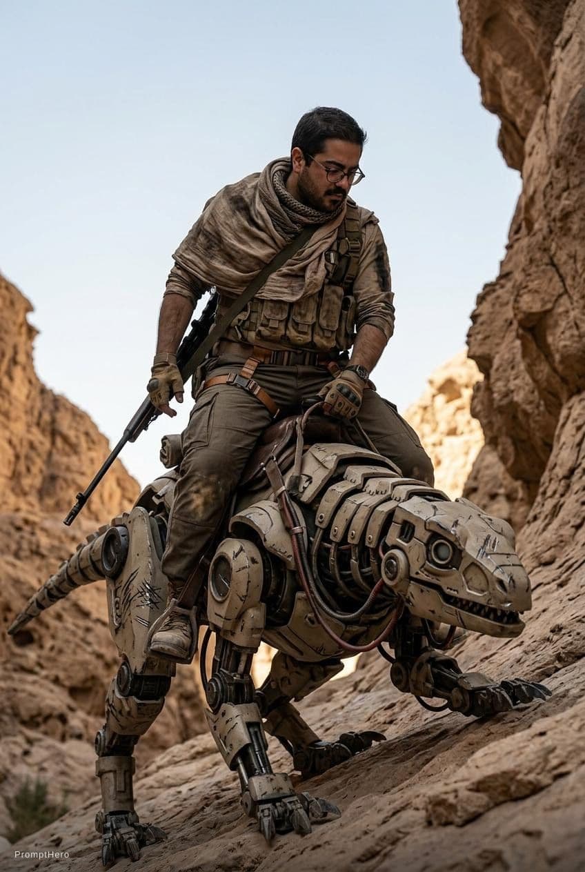 AI generated: A lone desert scout riding a robotic reptile-like pack mount up a rocky slope under a wide open sky,...