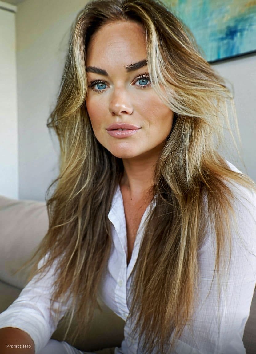 AI generated: Ultra-realistic photograph of a stunning young woman with long, voluminous wavy blonde hair cascadin...