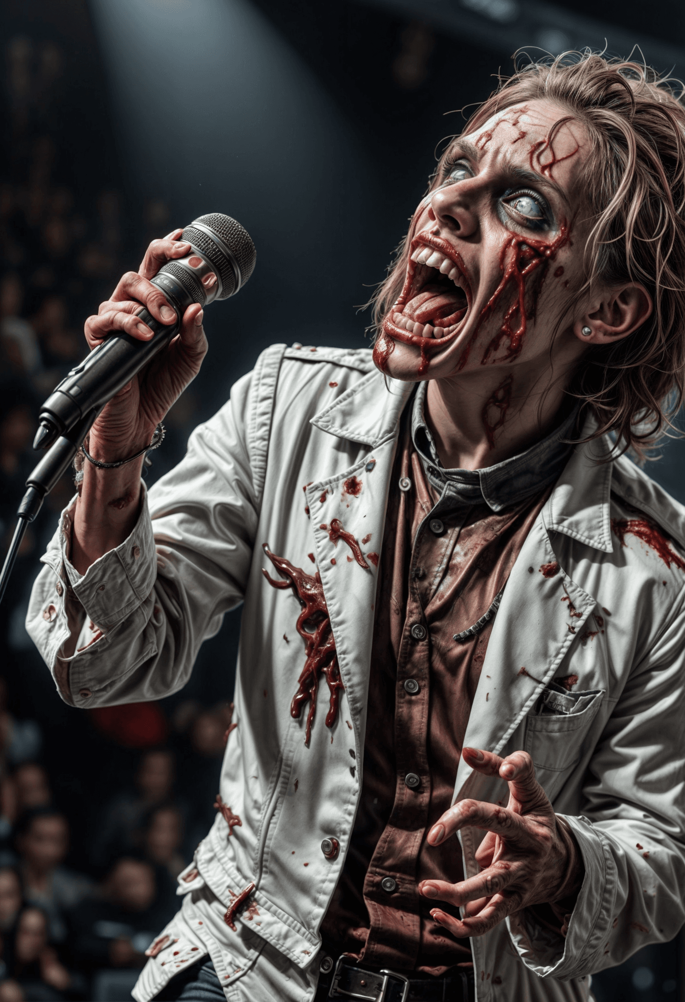 AI generated: zombie superstar ,singing,american idol show,bloody,gore