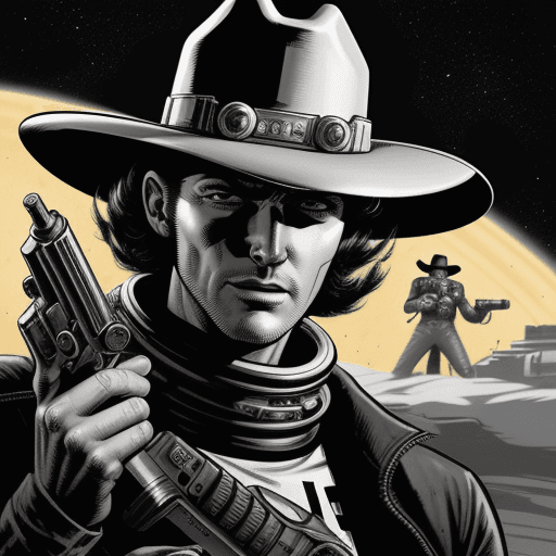 AI generated: Space outlaw with cowboy hat and space revolver in gritty 1950s comic art close up
