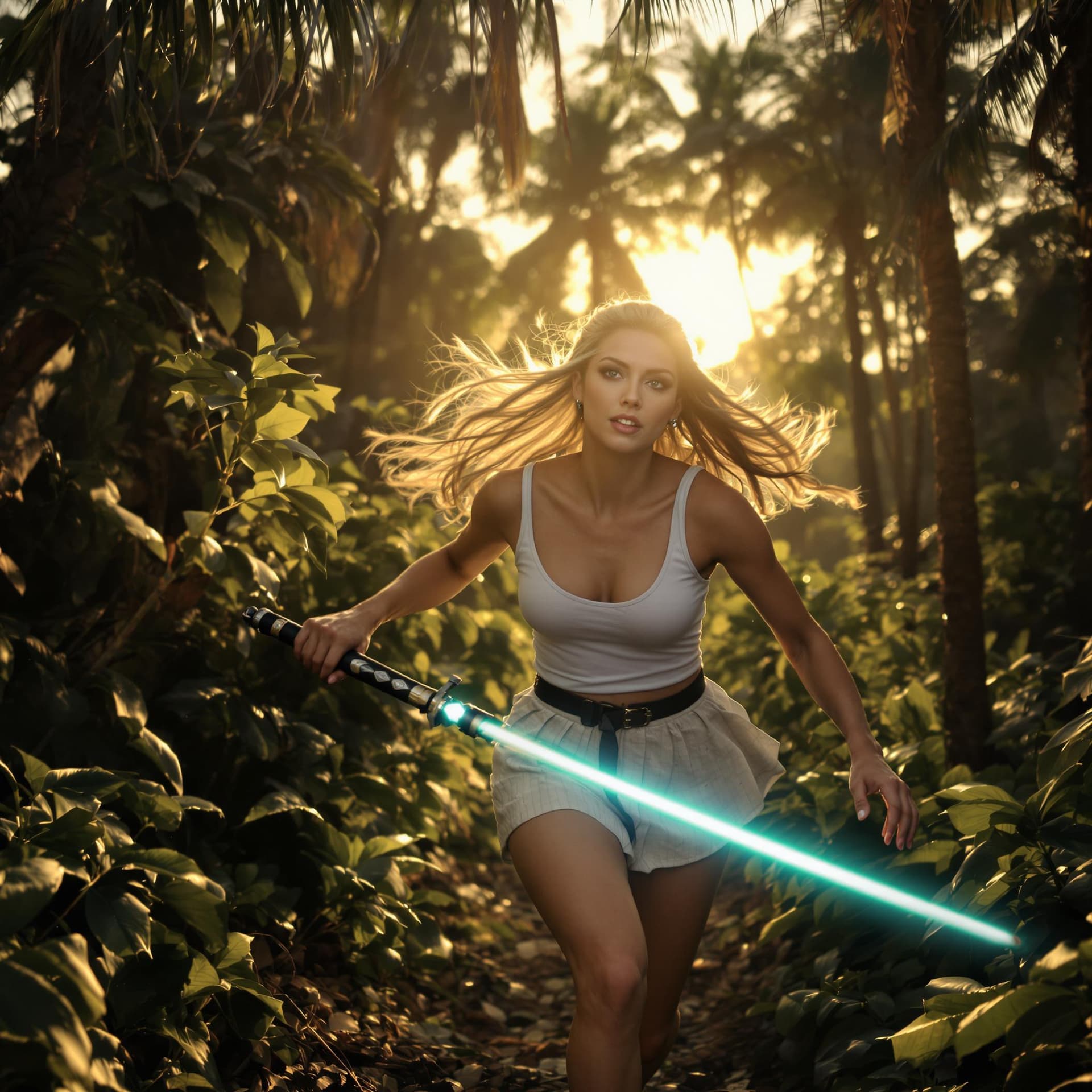 AI generated: beautiful angle view of Species woman individual from another planet with blonde long hair, beautifu...
