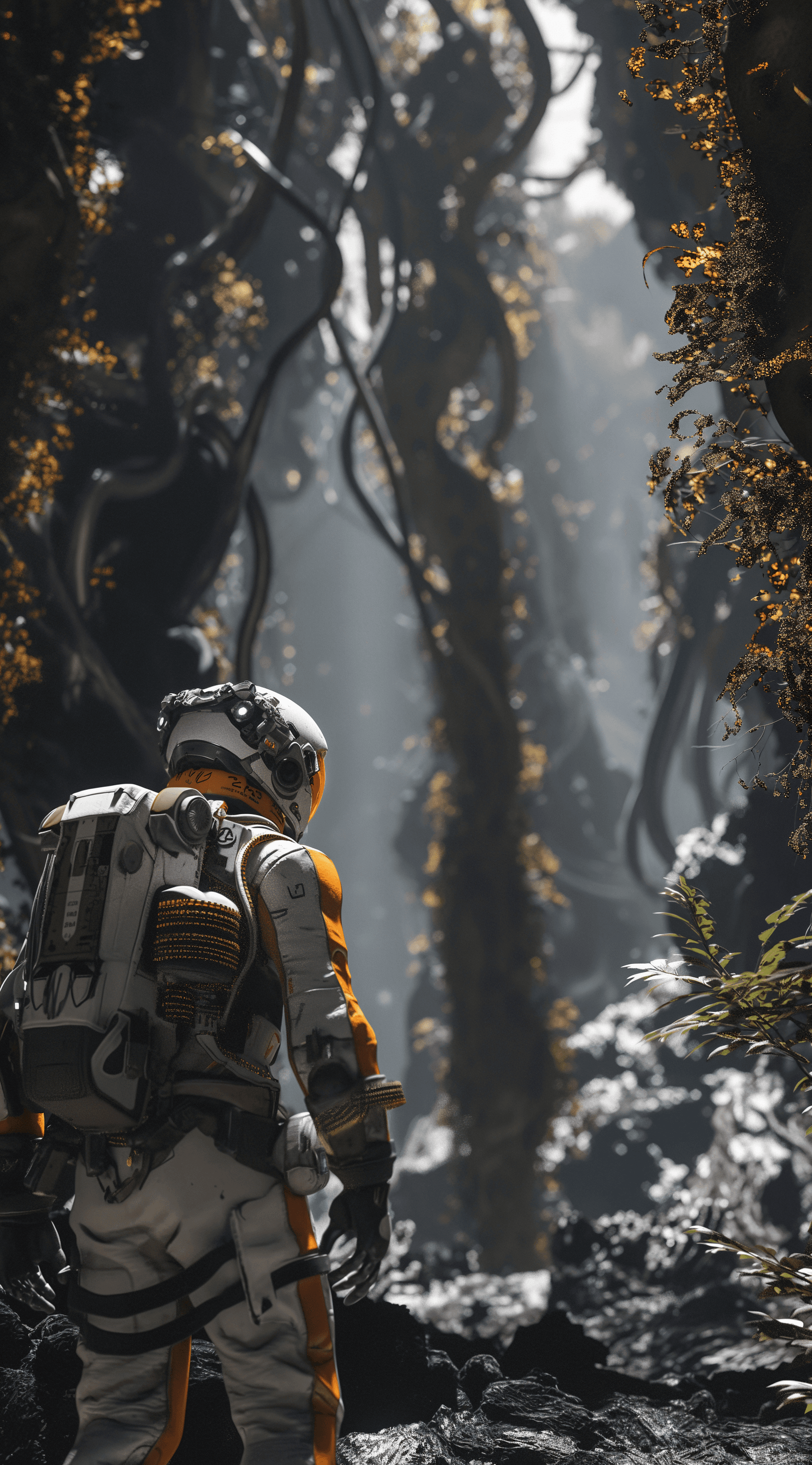 AI generated: a space explorer in white and orange suit, glowing visor, exploring an alien world with towering tre...