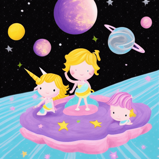 AI generated: four toddler girls riding unicorns, in space, overlooking a black hole