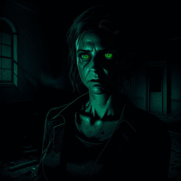 AI generated: an ultra realistic portrait of a ghost hunter, green color eyes, alan wake, investigating an abandon...