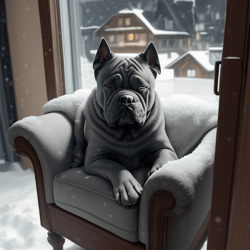 AI generated: Photo of a gray Cane Corso dog, drawing, sleeping, in an armchair, inside a house through the window...