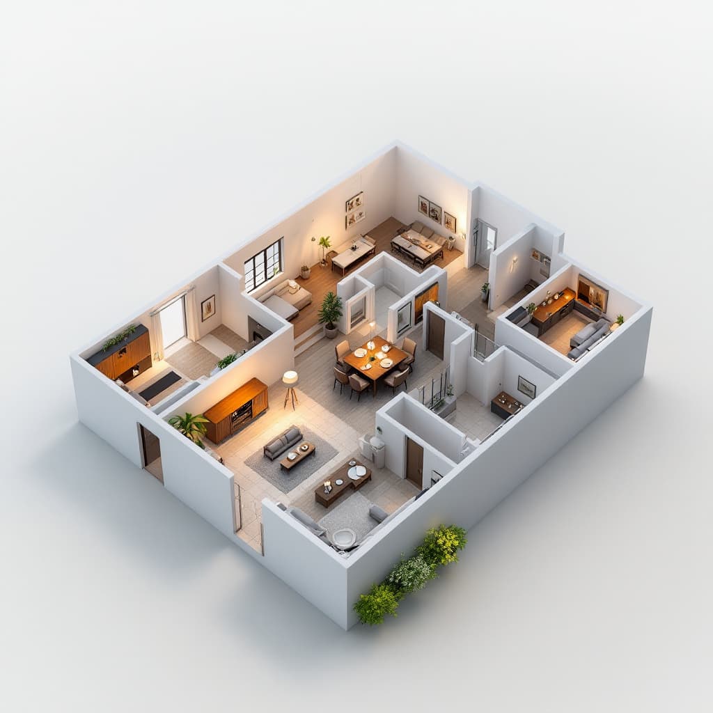 AI generated: create a 3d floor plan layout from the uploaded 1d floor plan