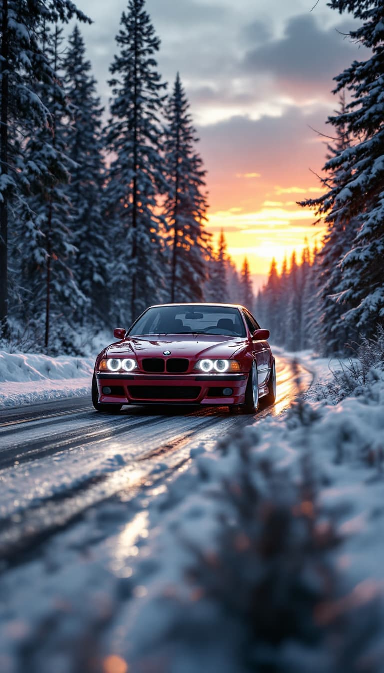 AI generated: Photo of a ultra realistic wine red bmw e39 m5, bmw angel eyes, dramatic light, pale sunrise, finnis...