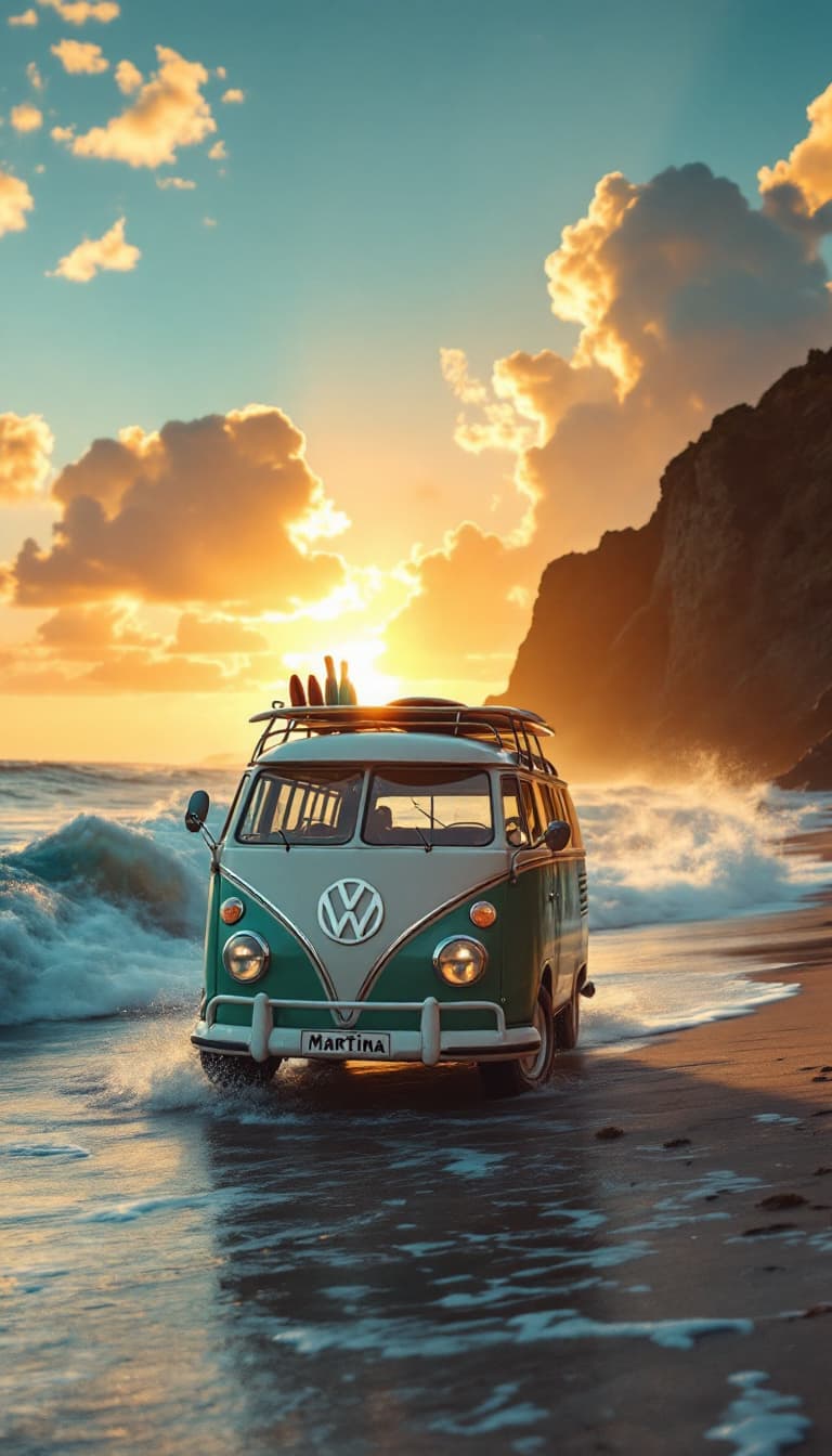 AI generated: A turquoise green  and white vw classic, Samba 23 window bus on a golden sunset beach with ethereal ...