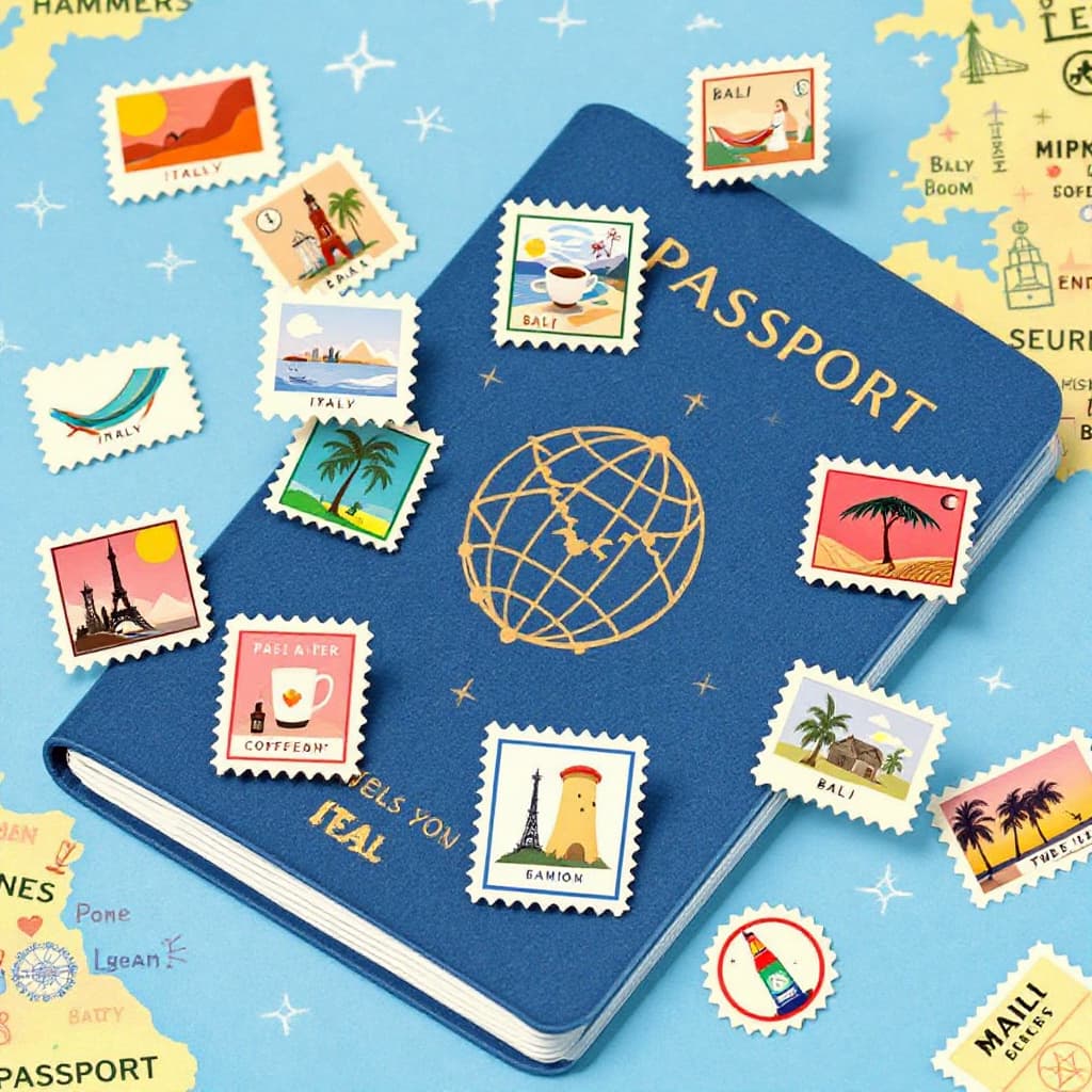 AI generated: A passport where stamps are tiny iconic moments (a coffee cup for Italy, a hammock for Bali)