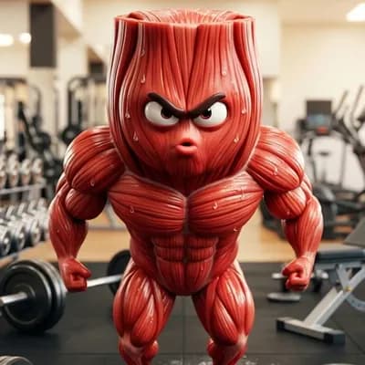 AI generated video: Animate this character as a talking anthropomorphic muscle fiber inside a gym.

Voice: Egyptian Arab...