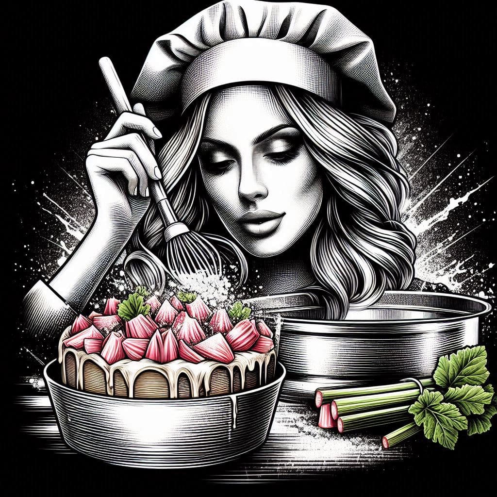 AI generated: Beautyful baker Barbara baking a rhubarb cake, T-Shirt Design, Line Art, Black Background, Ultra det...