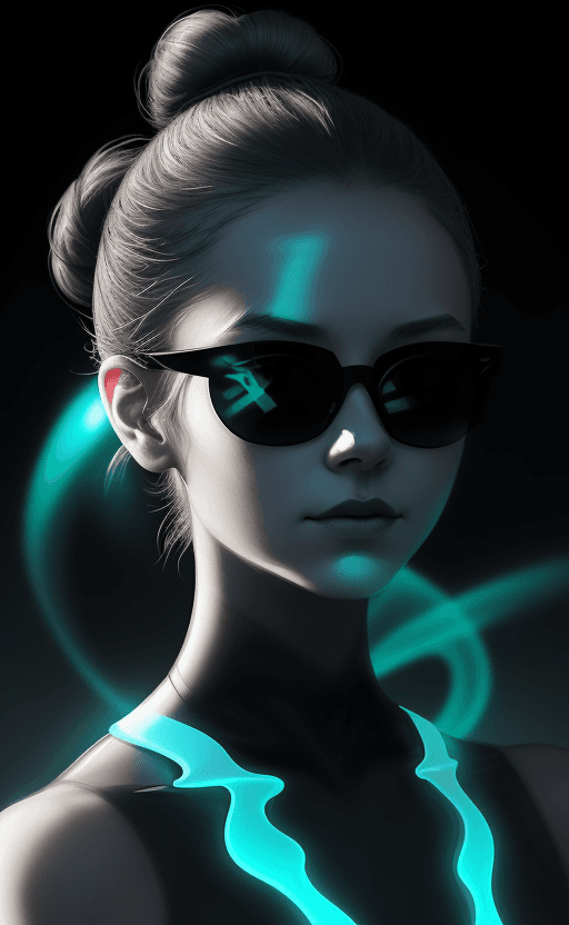 AI generated: Shadowy a woman with a loose bun, clad in bioluminescent translucent attire nearly invisible under t...