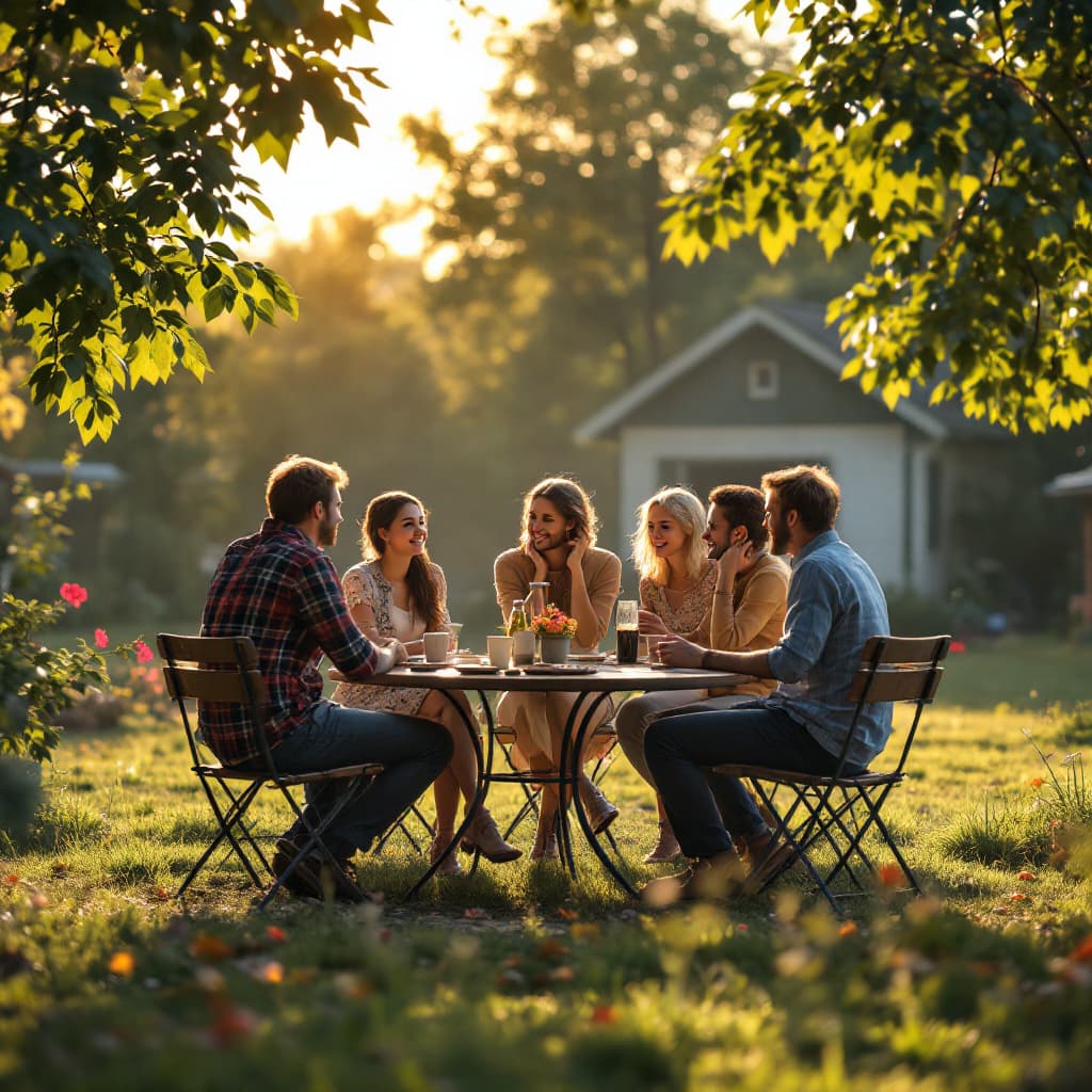 AI generated: Several people socializing, in the yard, around a table, in the morning  (work of art) (best quality...