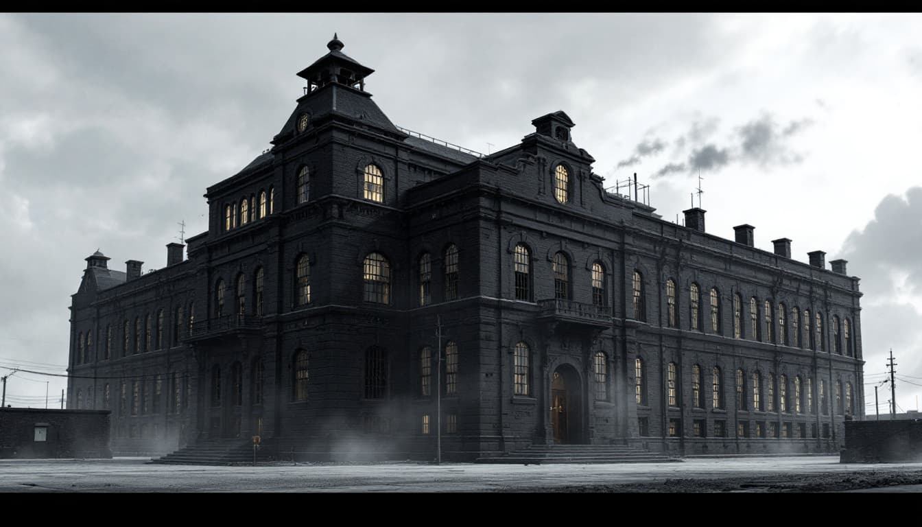 AI generated: (6-story:2.2) grand building, black exterior brick walls, prison atmosphere, bars on windows, day se...