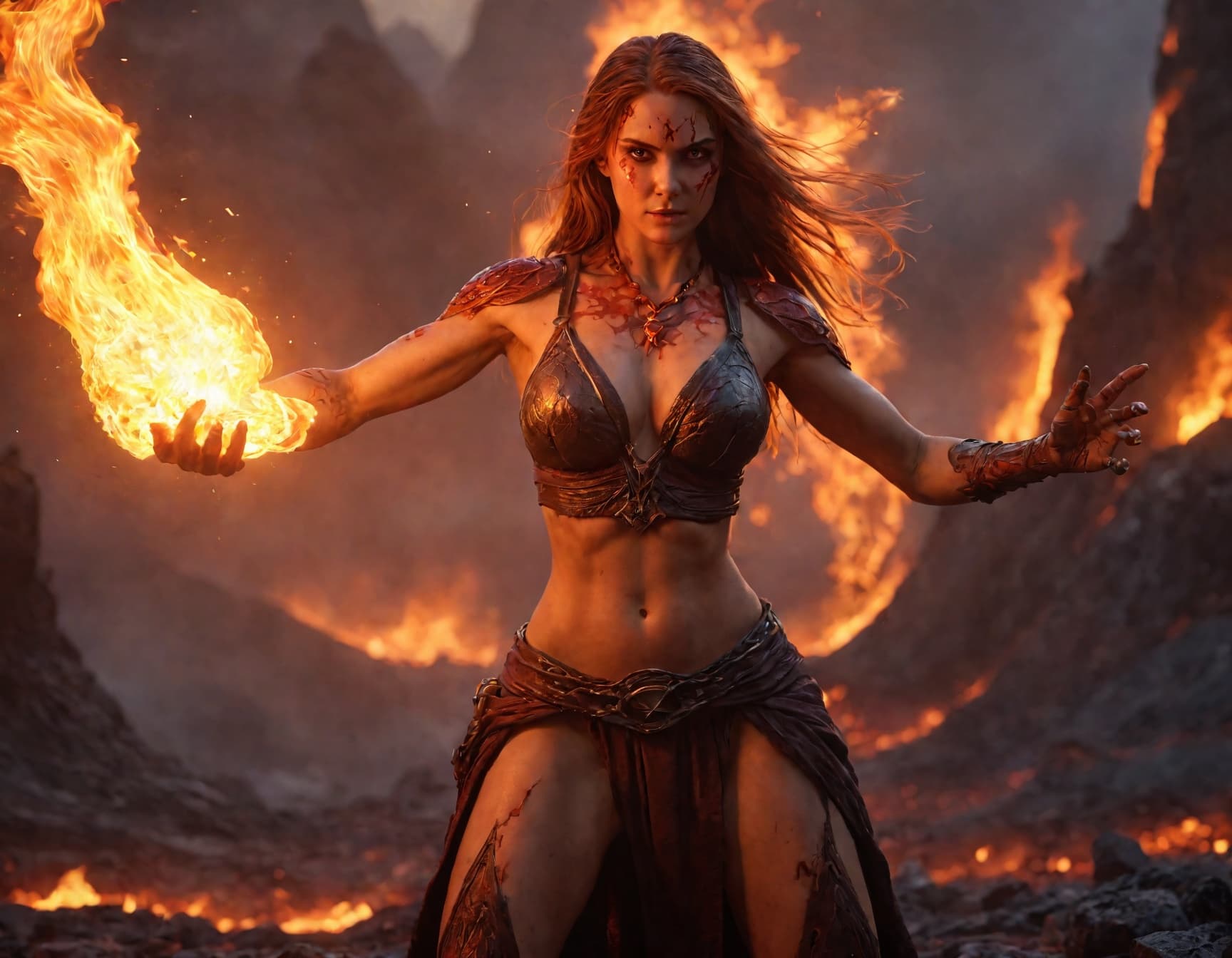 AI generated: A fierce female mage stands with fire erupting from her hands, her blazing red eyes filled with fury...