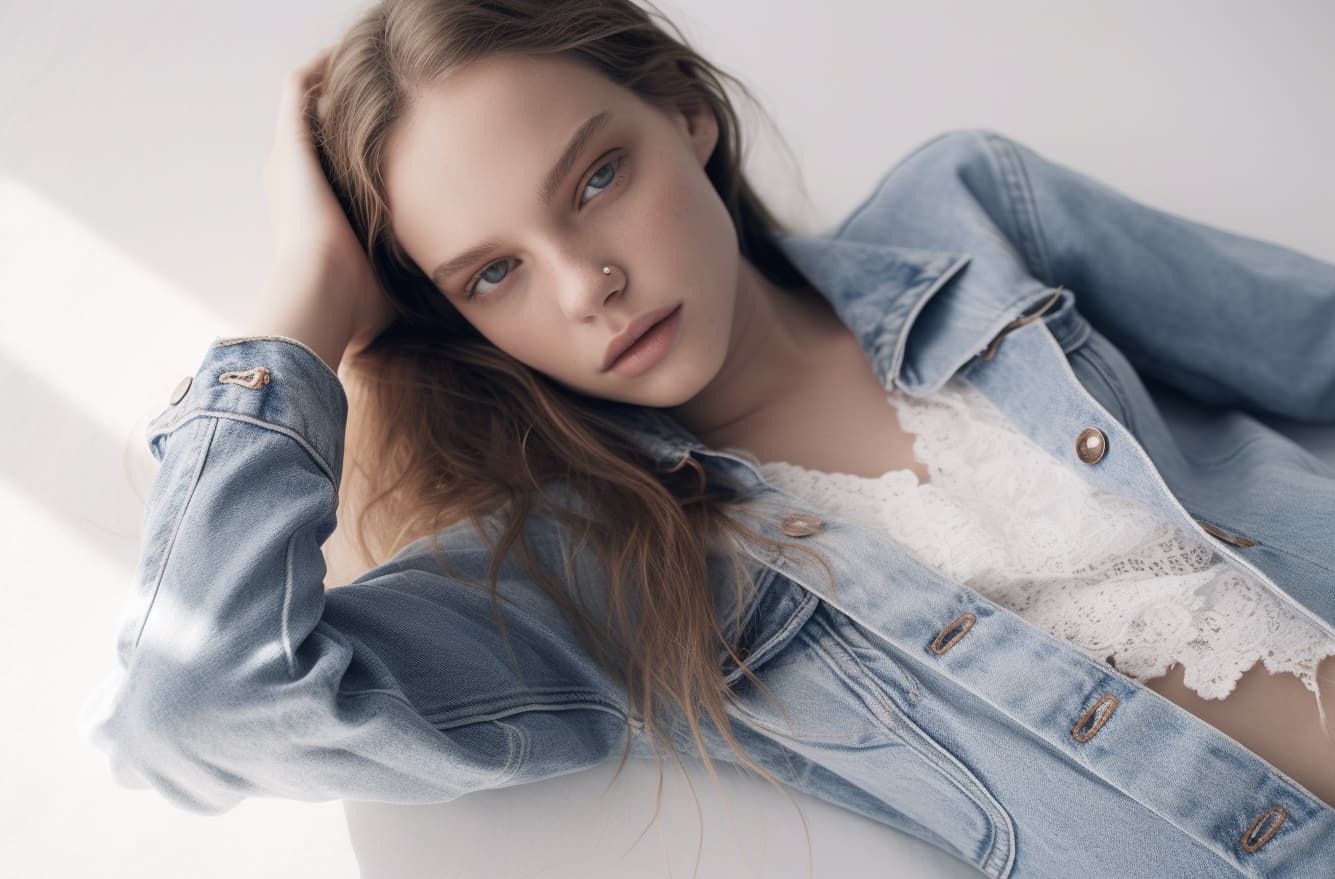 AI generated: a woman in jeans and a bra top laying on the floor, by Matija Jama, white lace clothing, zoomed out,...