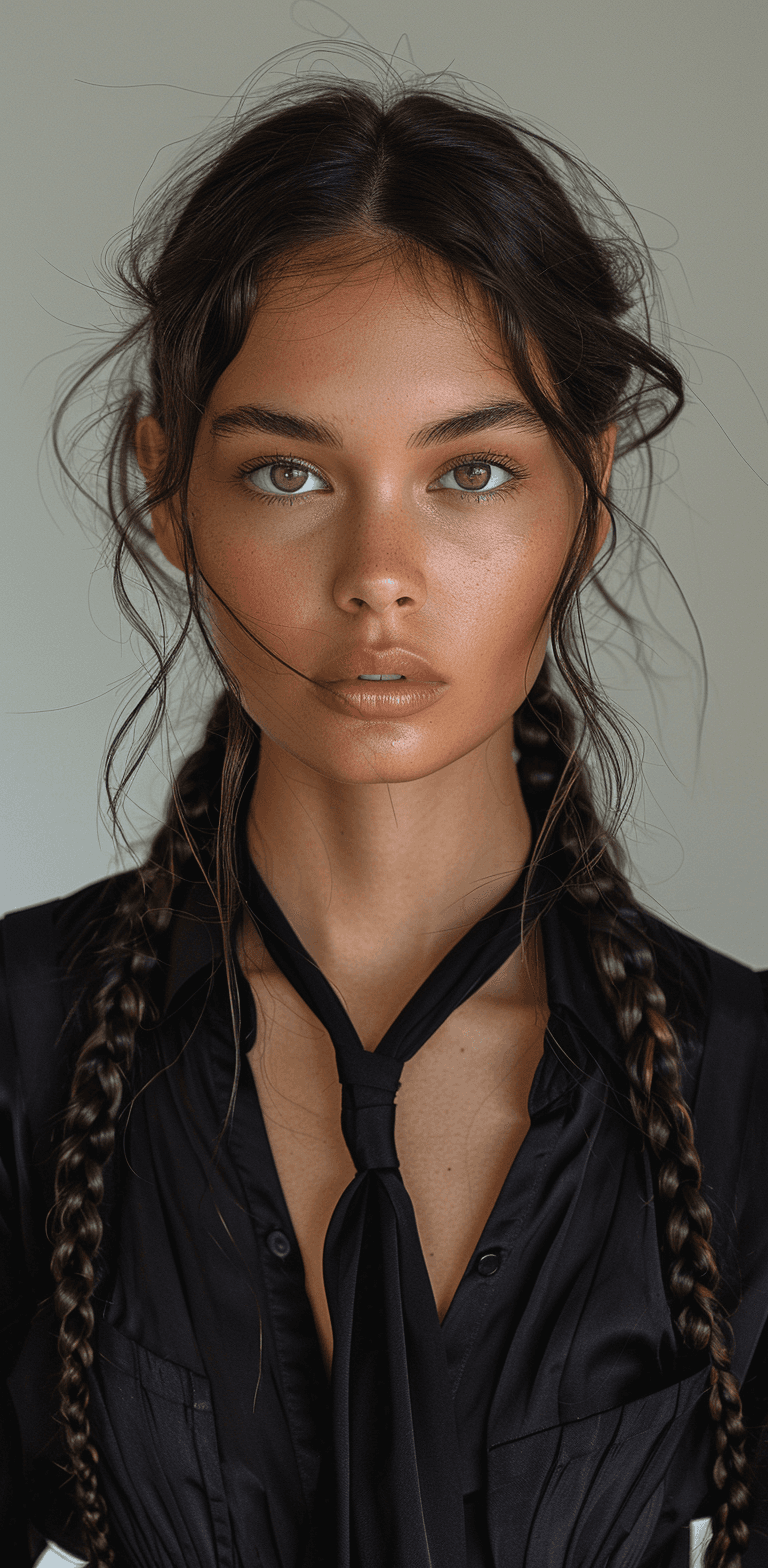AI generated: A hyper realistic fashion portrait of an androgynous supermodel with long dark hair in sleek braids,...