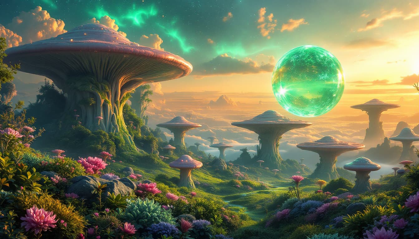 AI generated: Fantasy landscape, dynamic lights, glowing emerald, nebulas, sunset,,8k photorealistic eternal  ambi...
