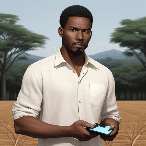 AI generated: A black man with a regular, powerful face looks at the viewer with a puzzled expression. He's wearin...