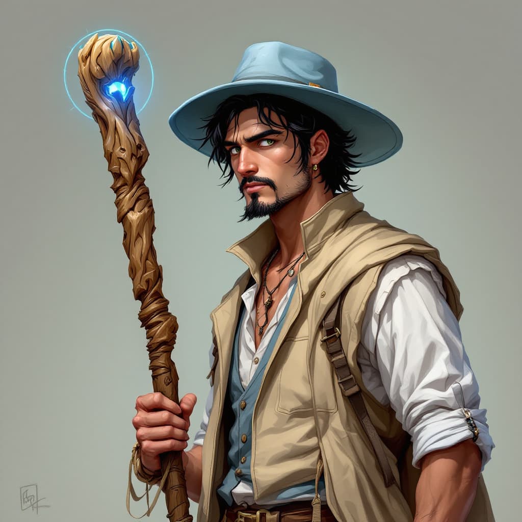 AI generated: A lean man in his mid-20's. He has Black hair, green eyes and a goatee. He is wearing a white shirt,...