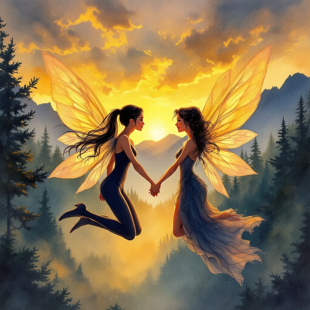 AI generated: Image is a hand painted wet-on-wet watercolor sketch depicting a fantastical scene at sunset. Two be...